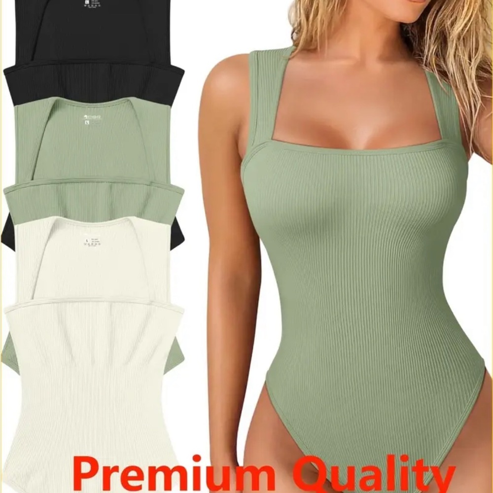 Size S Q Fashion green, beige and black square neck bodysuits